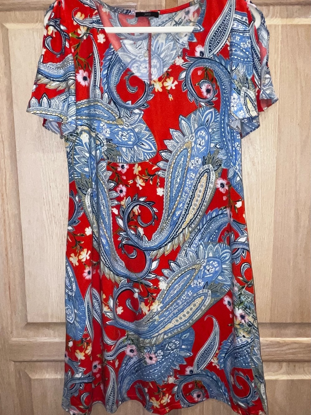 JBL Red-Orange Paisley V-Neck Mini Dress with Blue Accents